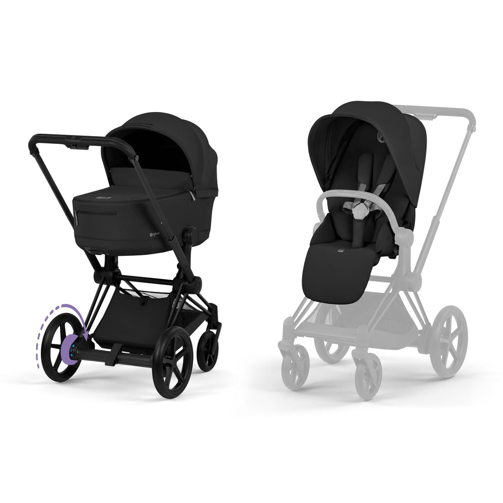 Cybex e-PRIAM Fold Cot Travel System Bundle - Comfort Sepia Black & Matt Black Frame