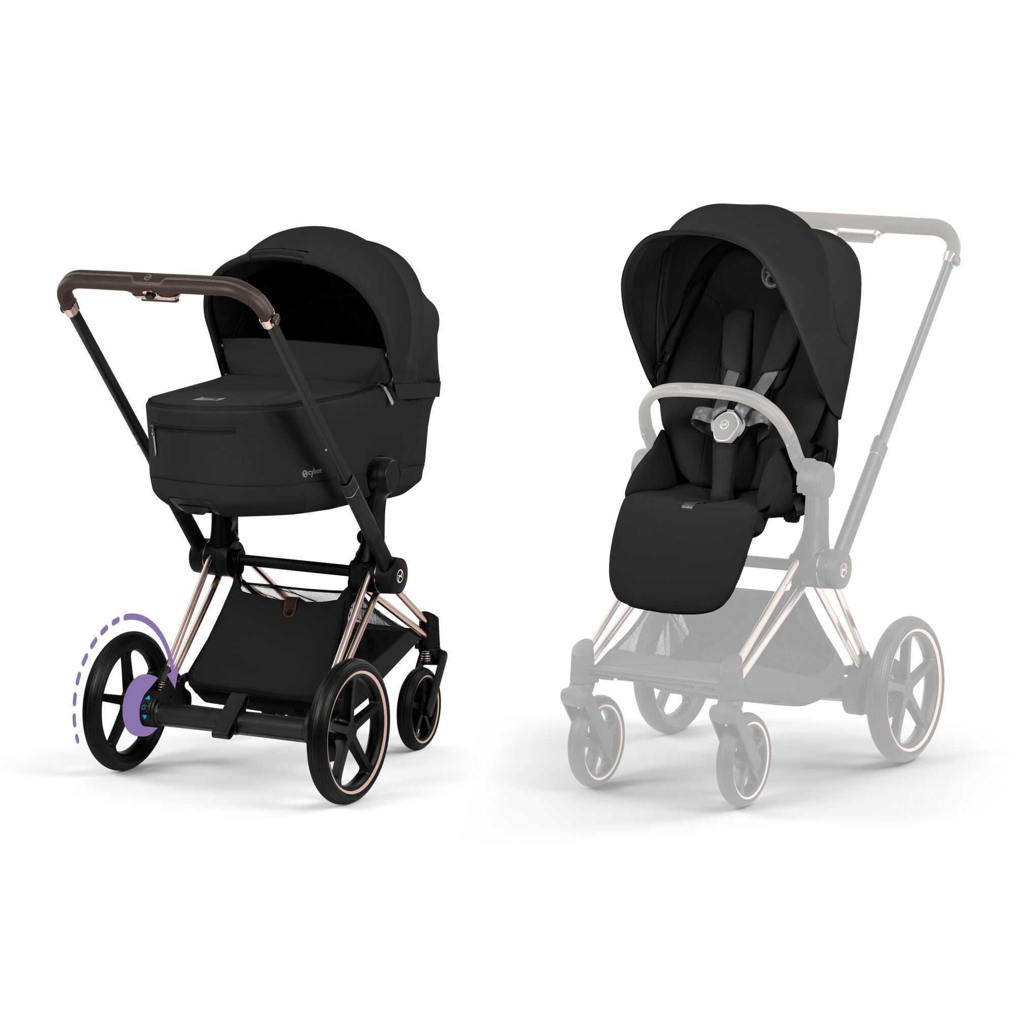 Cybex e-Priam Comfort Set  (Pushchair & Carrycot) - Sepia Black with Rose Gold Frame