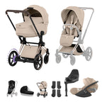 Cybex e-PRIAM Fold Cot Travel System Bundle - Style Cozy Beige & Rose Gold Frame