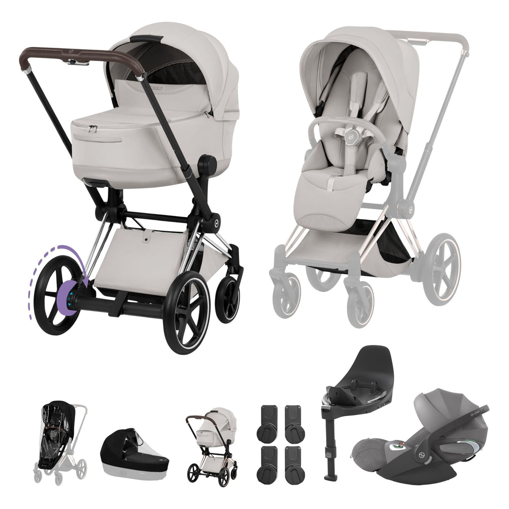 Cybex e-PRIAM Fold Cot Travel System Bundle - Style City Grey & Chrome Brown Frame
