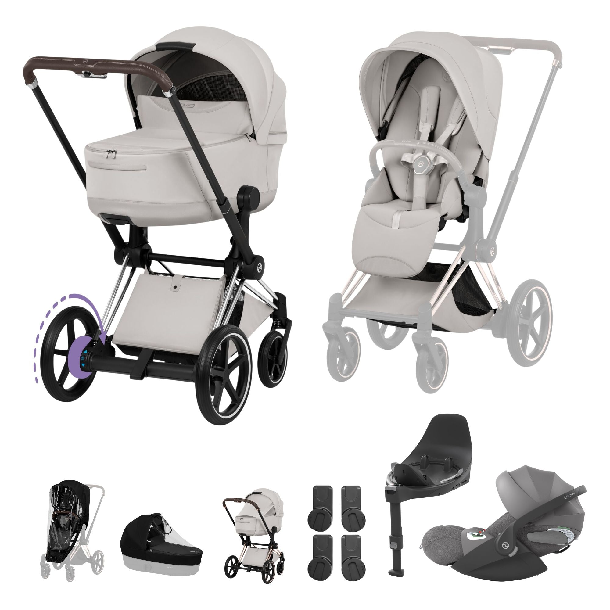 Cybex e-PRIAM Fold Cot Travel System Bundle - Style City Grey & Chrome Brown Frame
