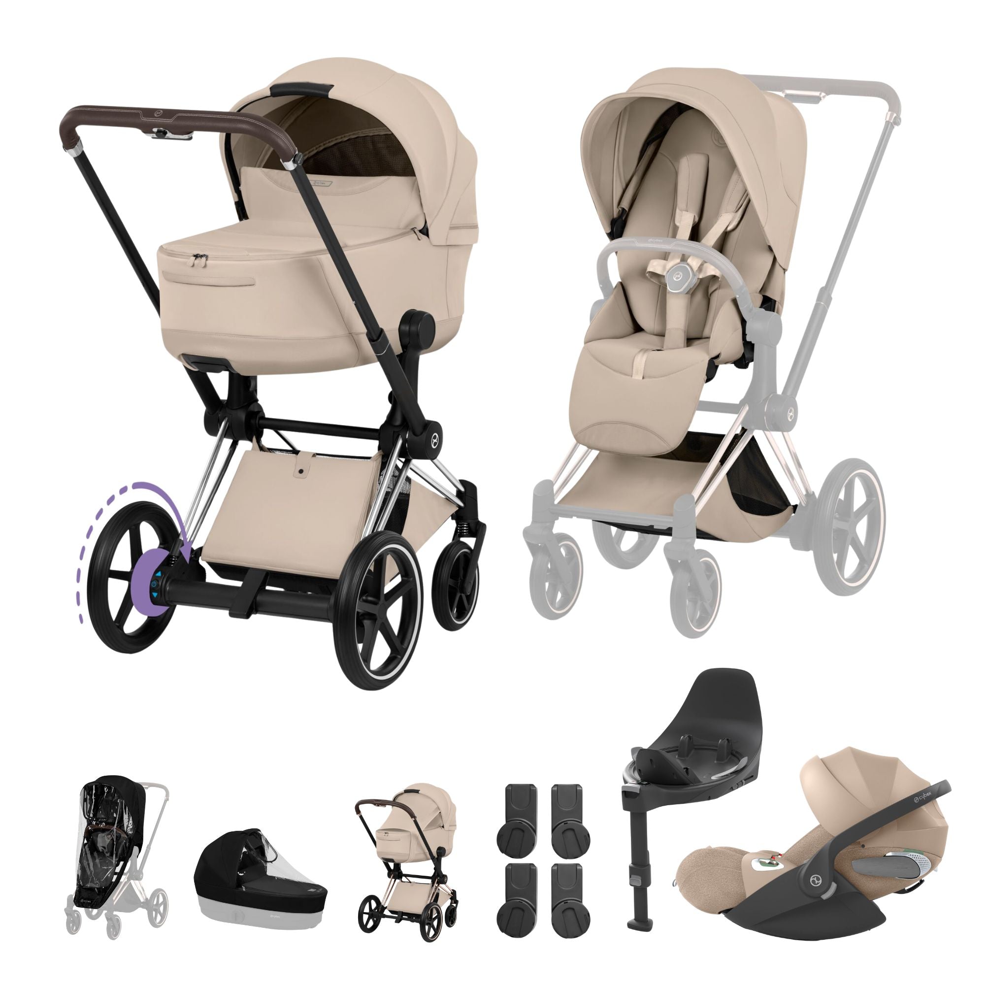 Cybex e-PRIAM Fold Cot Travel System Bundle - Style Cozy Beige & Chrome Brown Frame