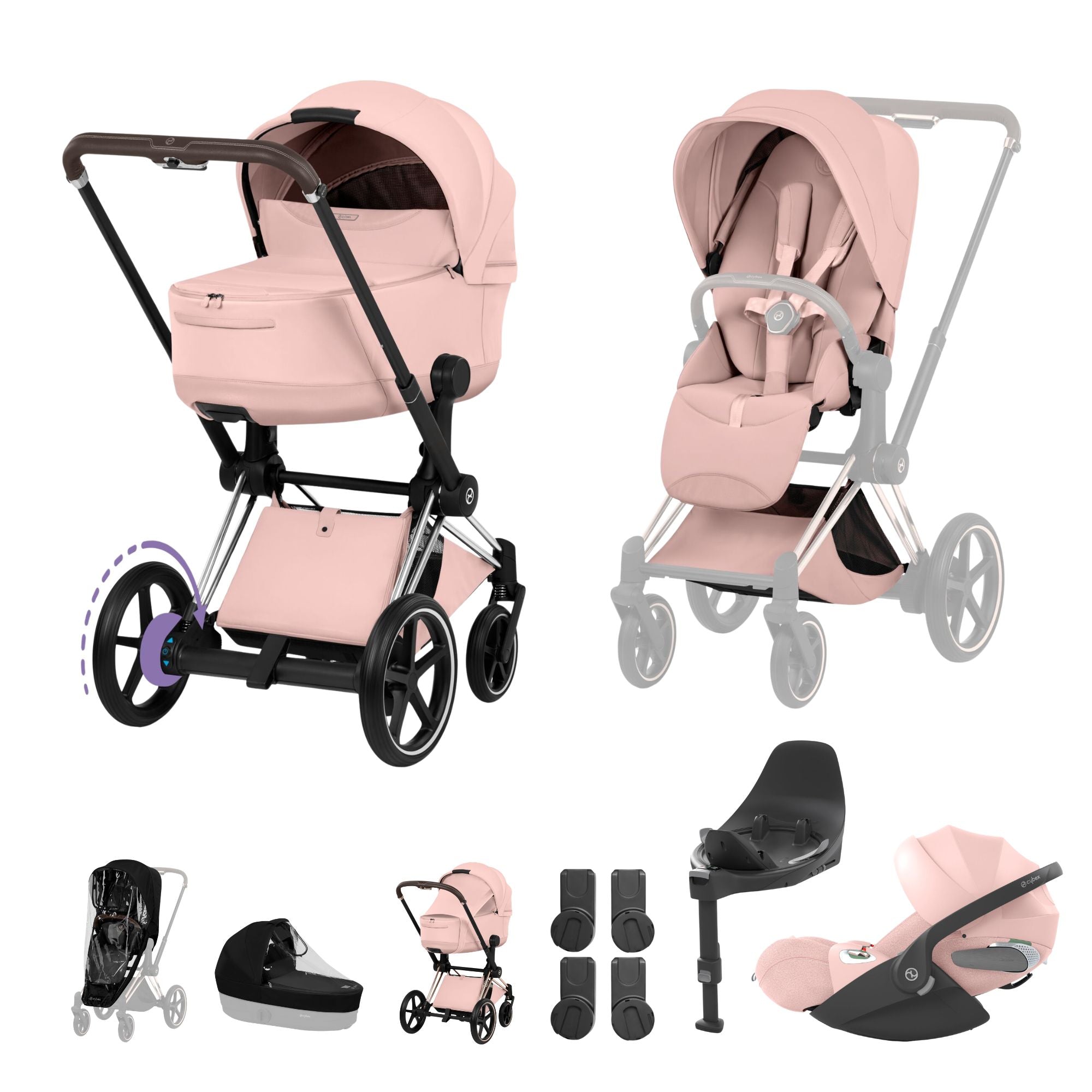 Cybex e-PRIAM Fold Cot Travel System Bundle - Style Peach Pink & Chrome Brown Frame