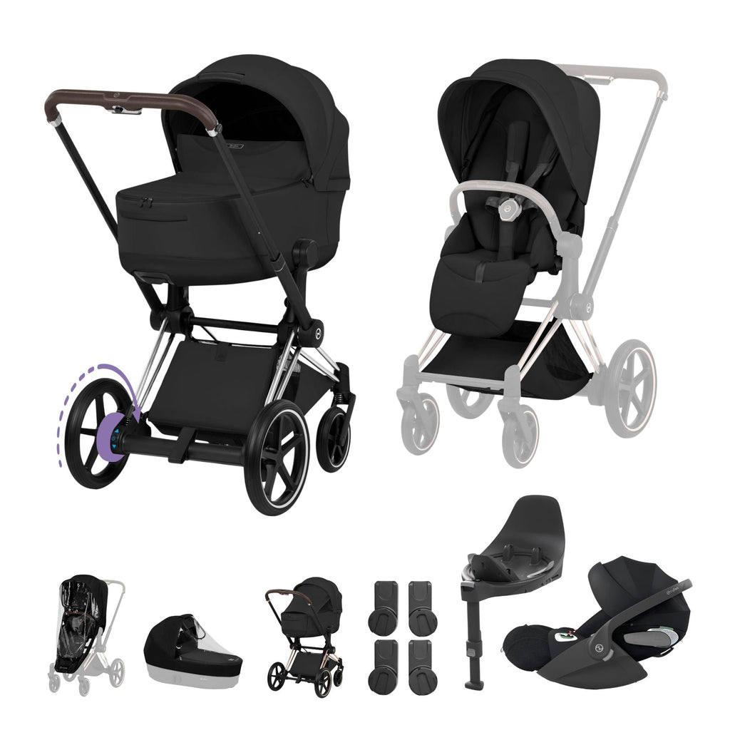 Cybex e-PRIAM Fold Cot Travel System Bundle - Style Sepia Black & Chrome Brown Frame
