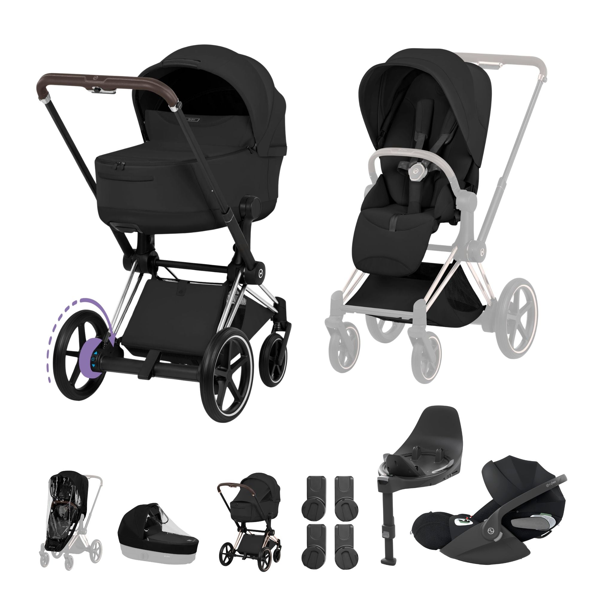 Cybex e-PRIAM Fold Cot Travel System Bundle - Style Sepia Black & Chrome Brown Frame