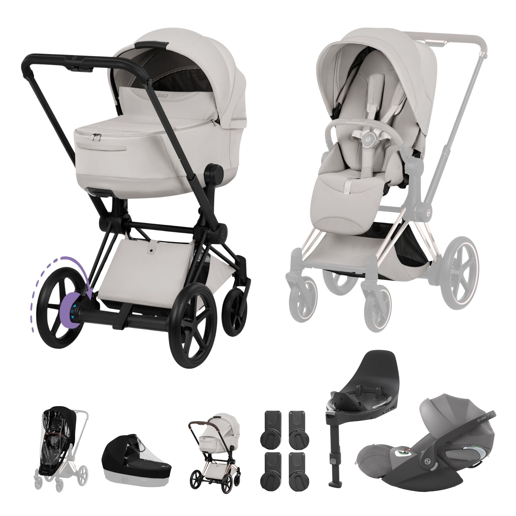 Cybex e-PRIAM Fold Cot Travel System Bundle - Style City Grey & Matt Black Frame