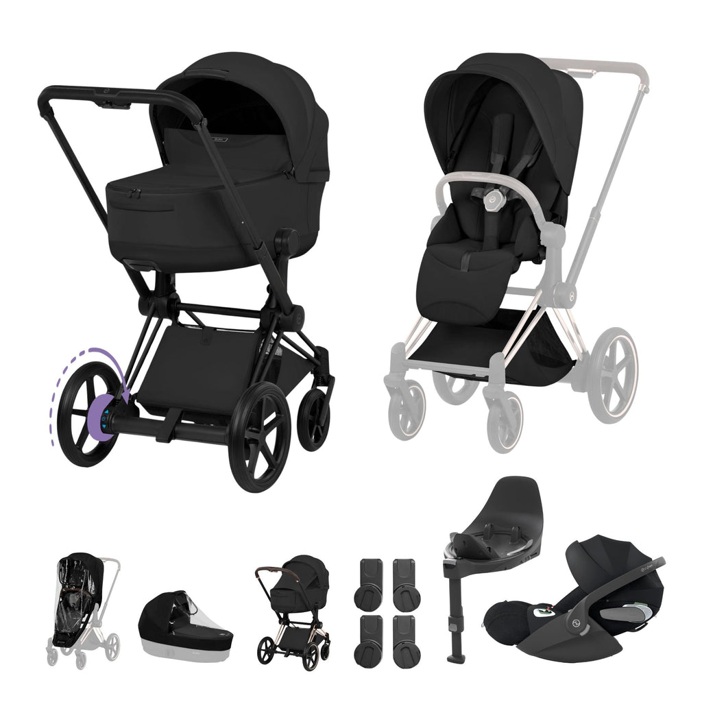 Cybex e-PRIAM Fold Cot Travel System Bundle - Style Sepia Black & Matt Black Frame