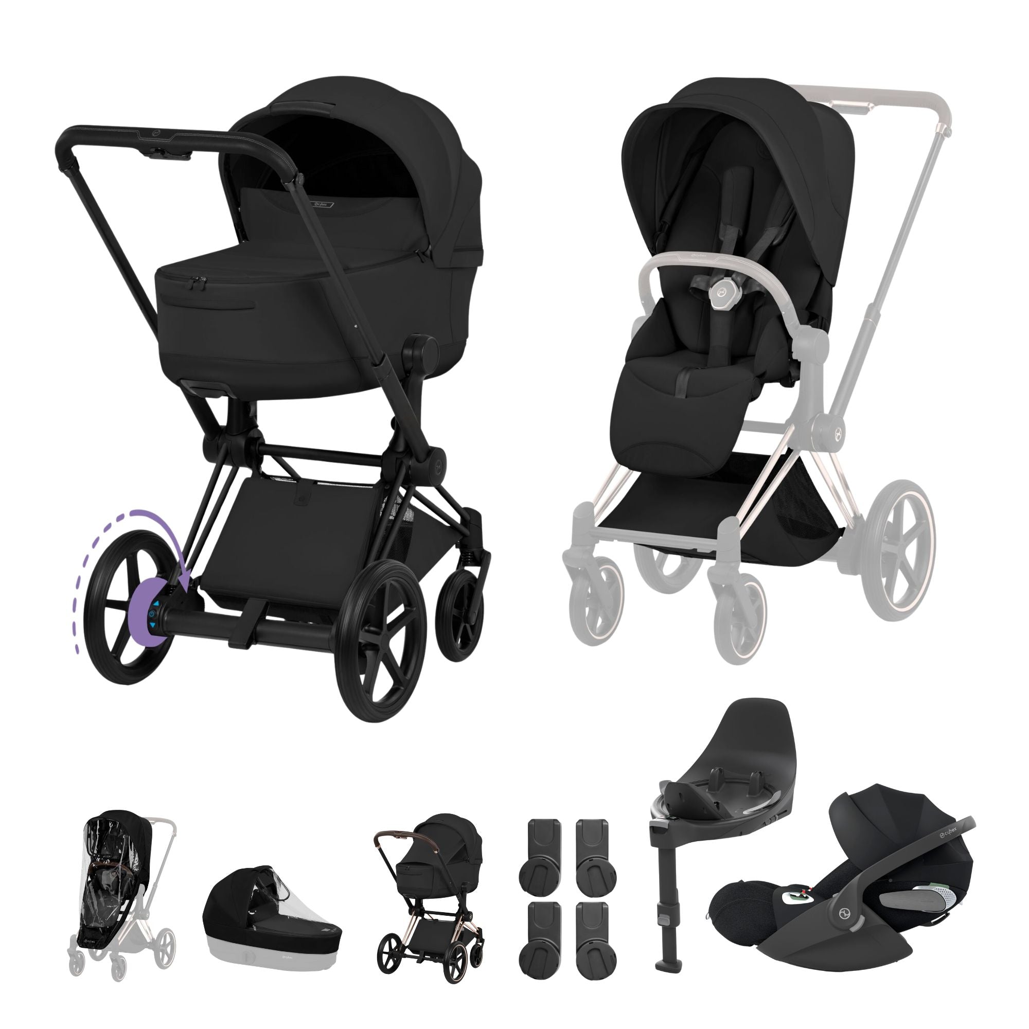 Cybex e-PRIAM Fold Cot Travel System Bundle - Style Sepia Black & Matt Black Frame