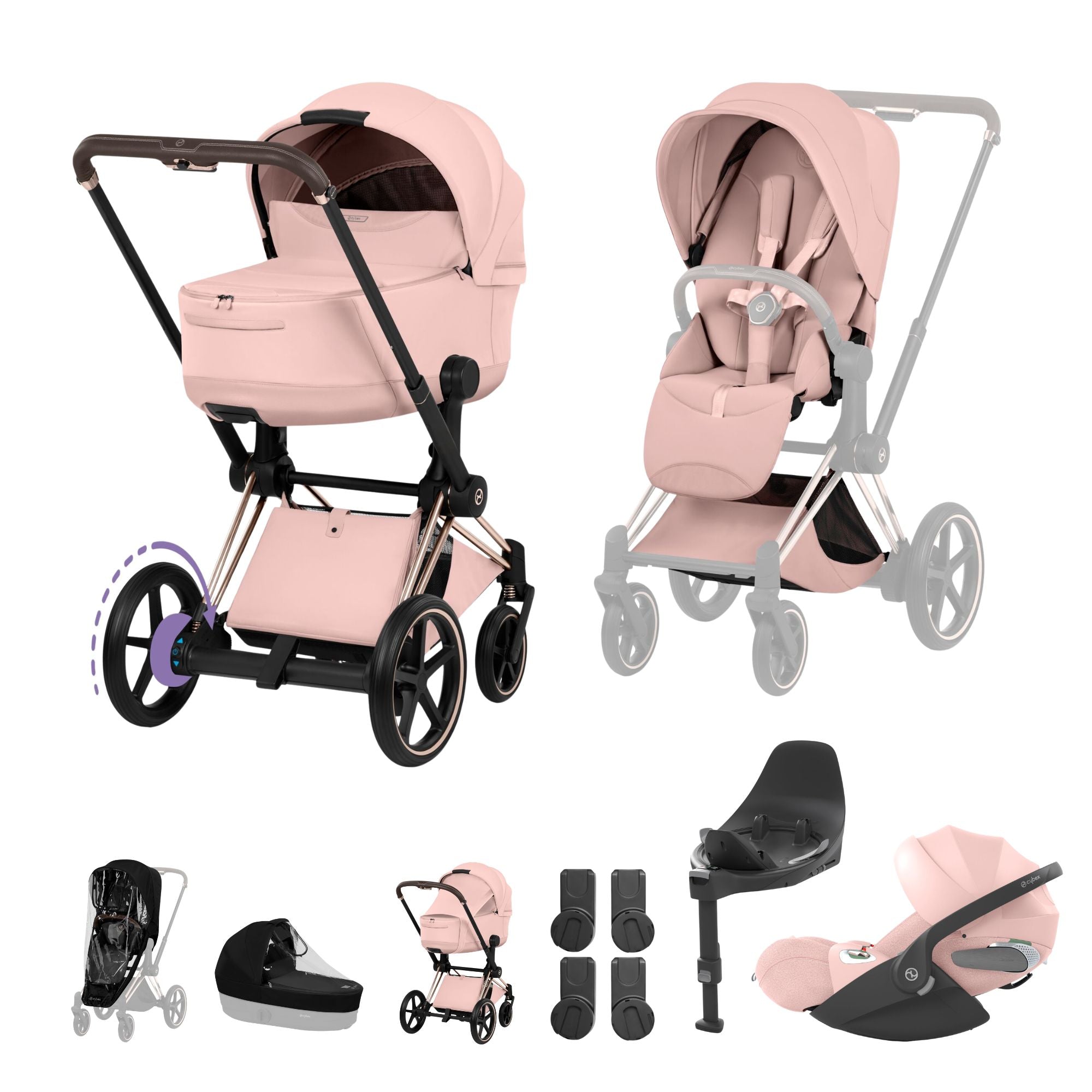 Cybex e-PRIAM Fold Cot Travel System Bundle - Style Peach Pink & Rose Gold Frame