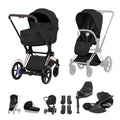Cybex e-PRIAM Fold Cot Travel System Bundle - Style Sepia Black & Rose Gold Frame