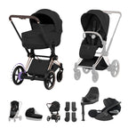 Cybex e-PRIAM Fold Cot Travel System Bundle - Style Sepia Black & Rose Gold Frame