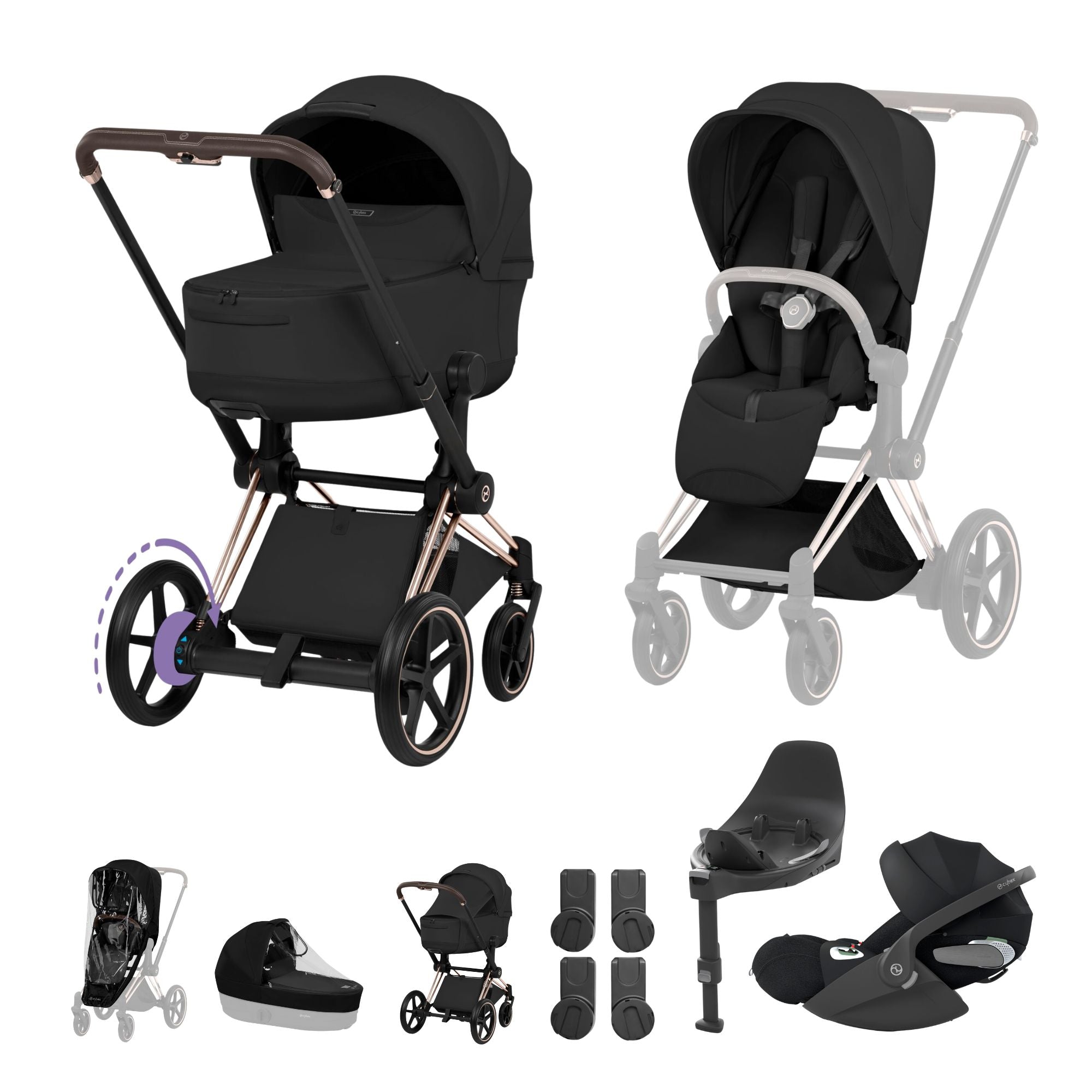 Cybex e-PRIAM Fold Cot Travel System Bundle - Style Sepia Black & Rose Gold Frame