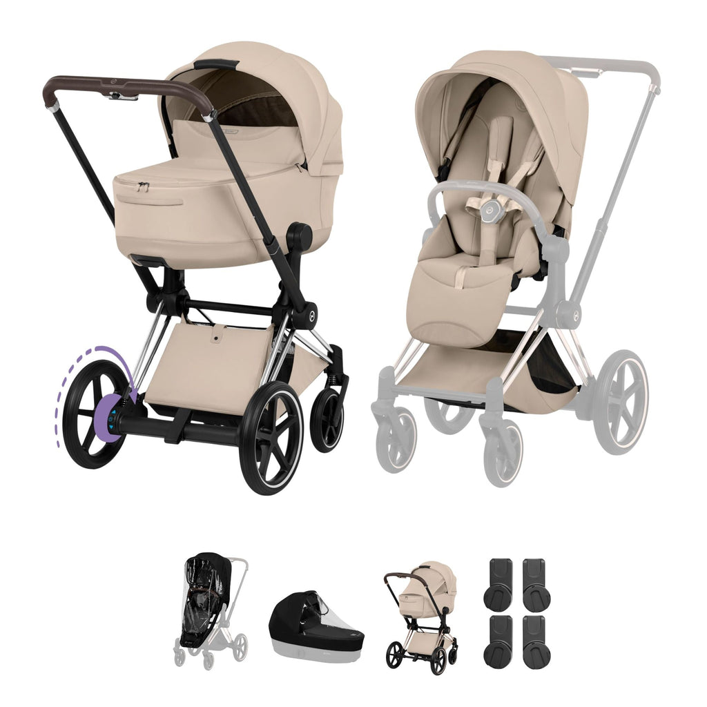 Cybex e-PRIAM Fold Cot Accessory Bundle - Style Cozy Beige & Chrome Brown Frame