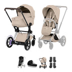 Cybex e-PRIAM Fold Cot Accessory Bundle - Style Cozy Beige & Chrome Brown Frame