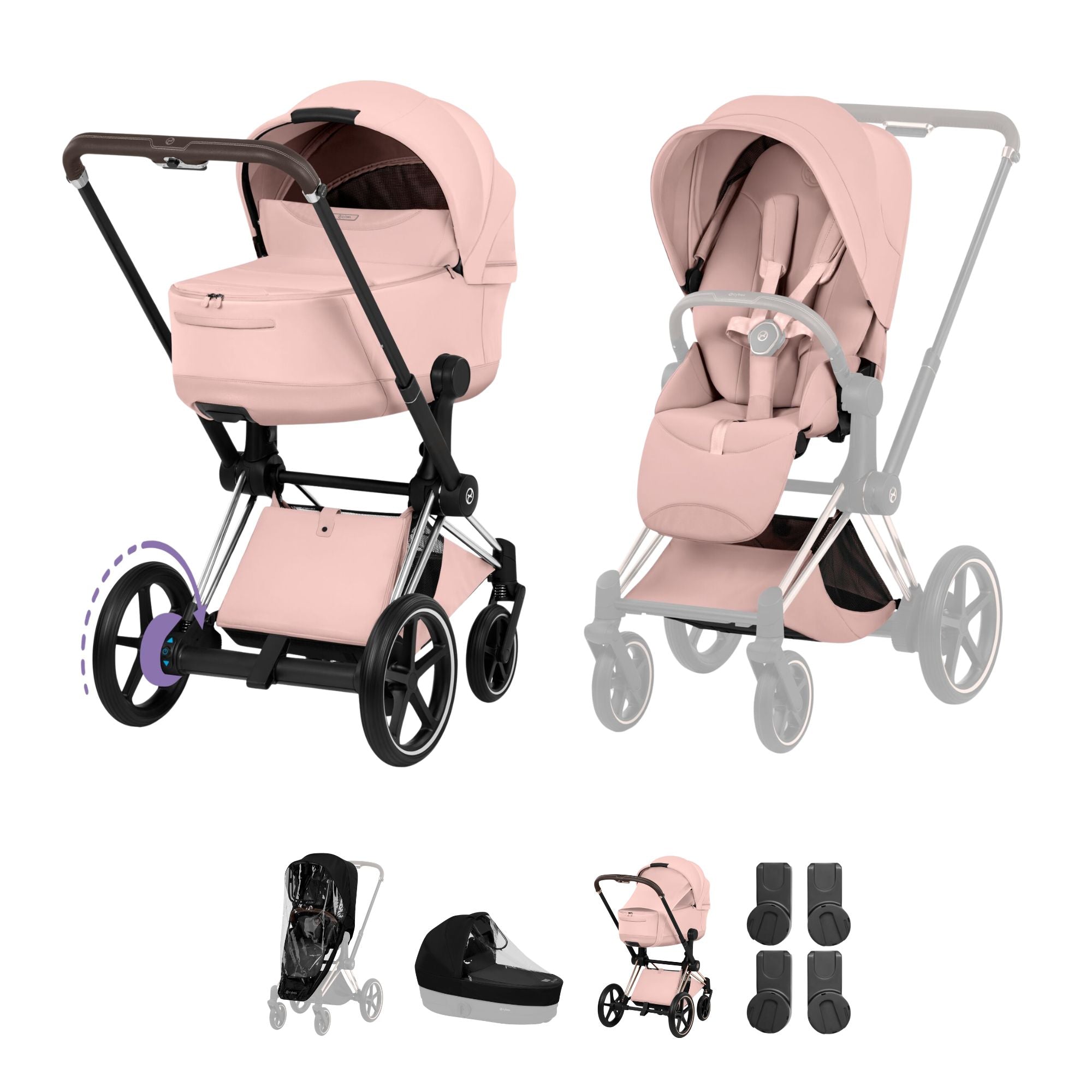 Cybex e-PRIAM Fold Cot Accessory Bundle - Style Peach Pink & Chrome Brown Frame