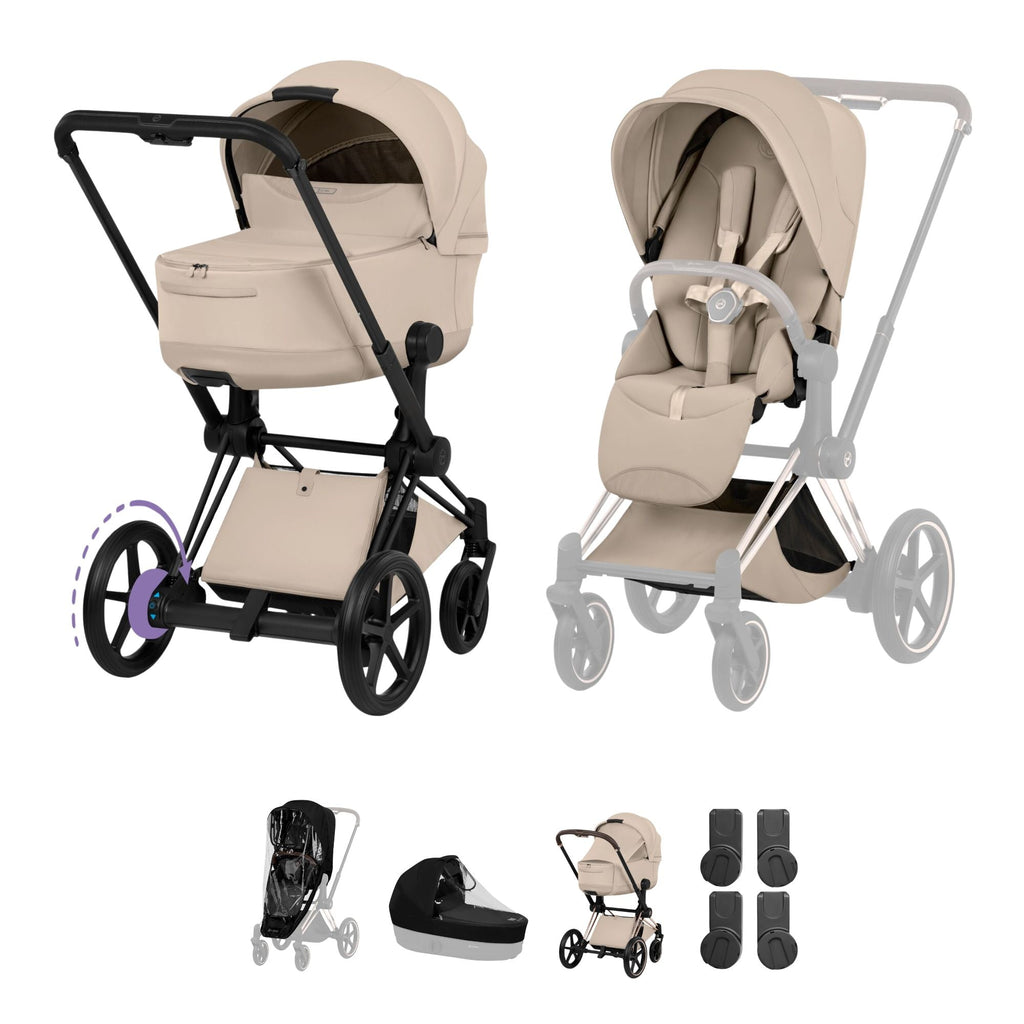 Cybex e-PRIAM Fold Cot Accessory Bundle - Style Cozy Beige & Matt Black Frame