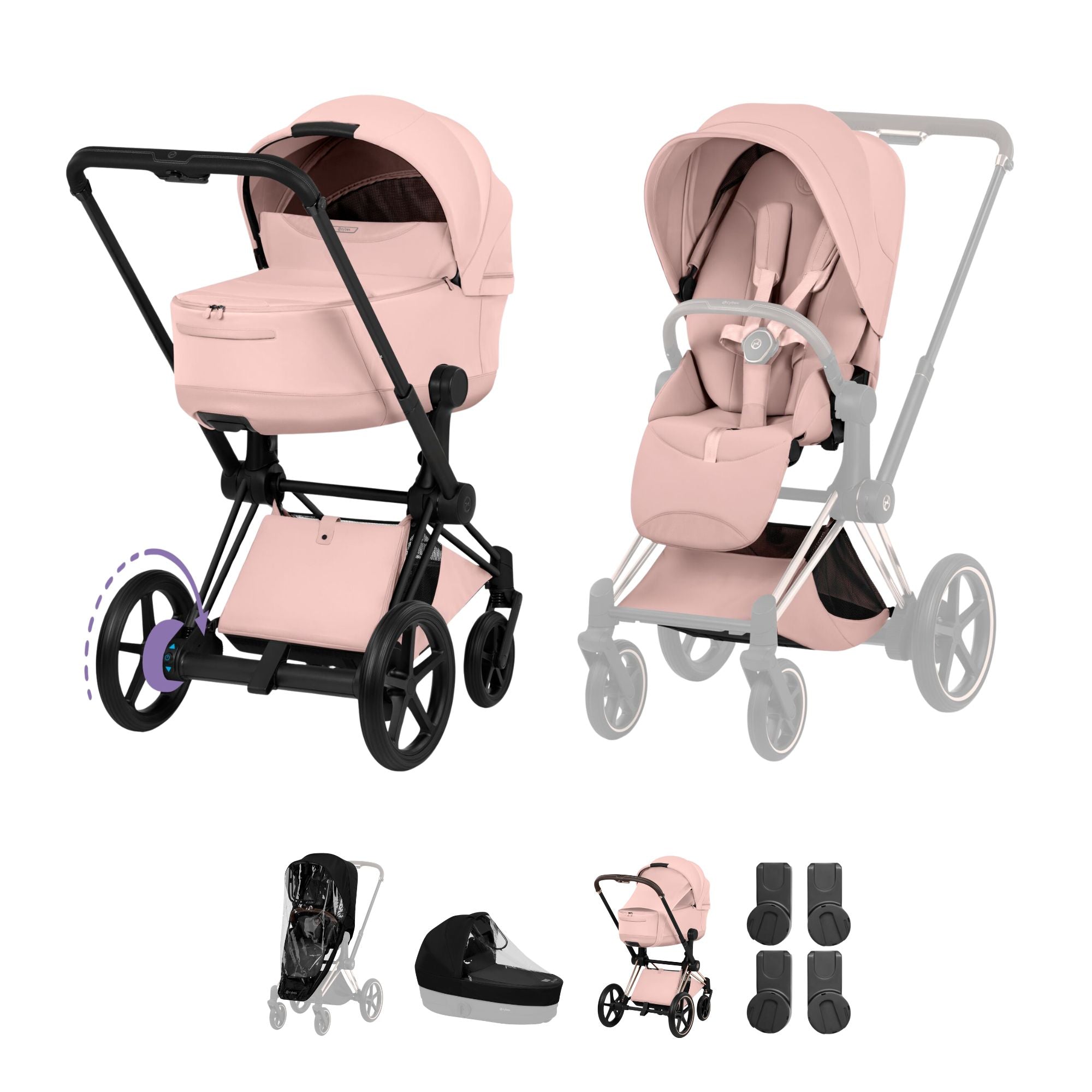 Cybex e-PRIAM Fold Cot Accessory Bundle - Style Peach Pink & Matt Black Frame