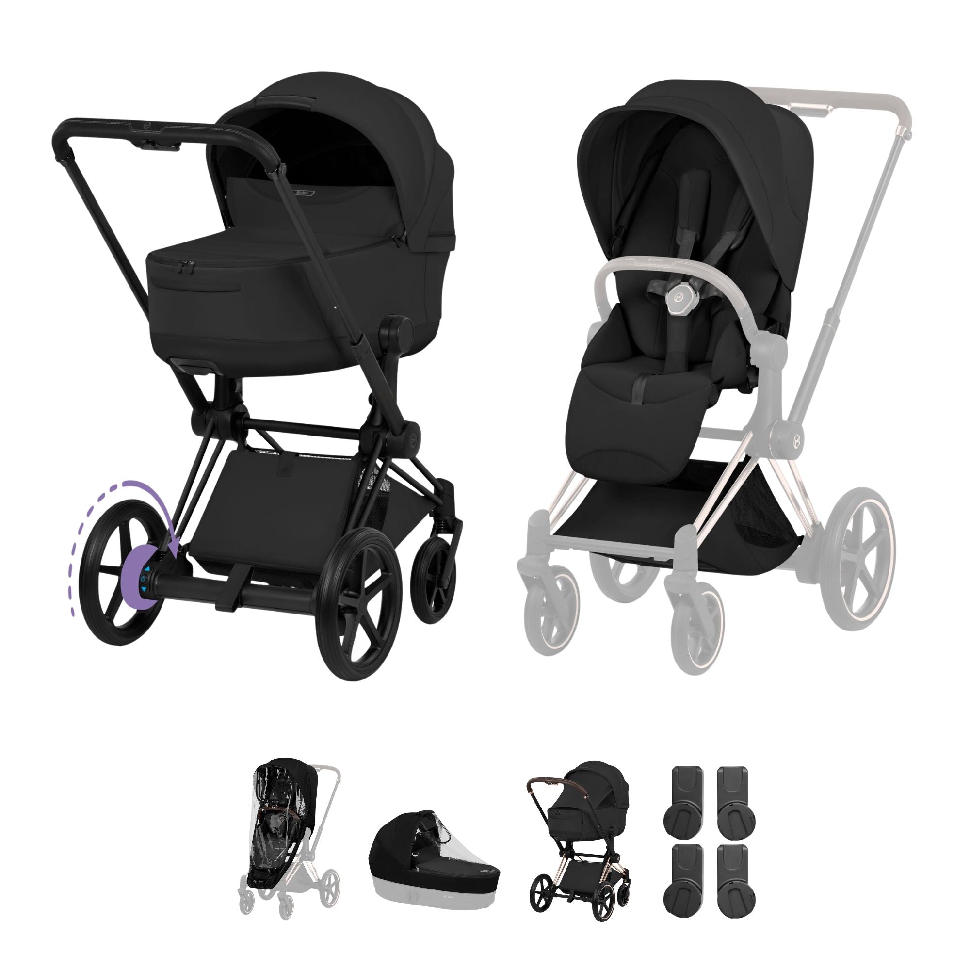 Cybex e-PRIAM Fold Cot Accessory Bundle - Style Sepia Black & Matt Black Frame