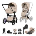 Cybex e-PRIAM Fold Cot Travel System Bundle - Style Cozy Beige & Matt Black Frame