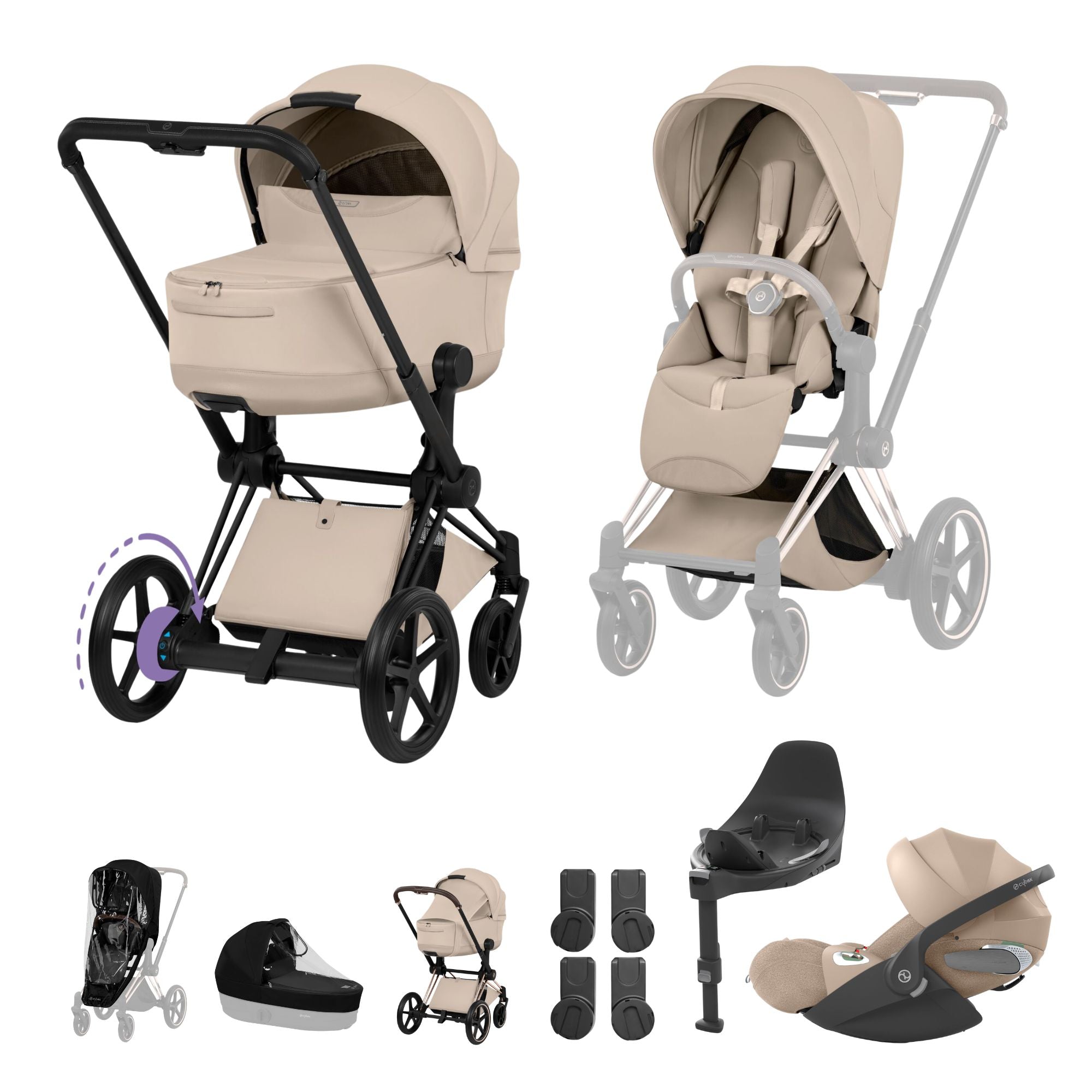 Cybex e-PRIAM Fold Cot Travel System Bundle - Style Cozy Beige & Matt Black Frame