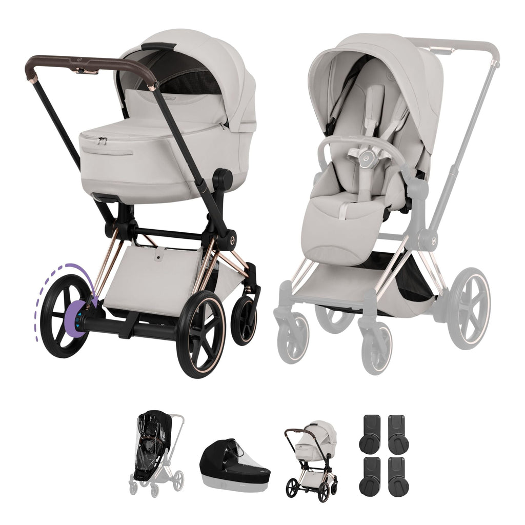 Cybex e-PRIAM Fold Cot Accessory Bundle - Style City Grey & Rose Gold Frame