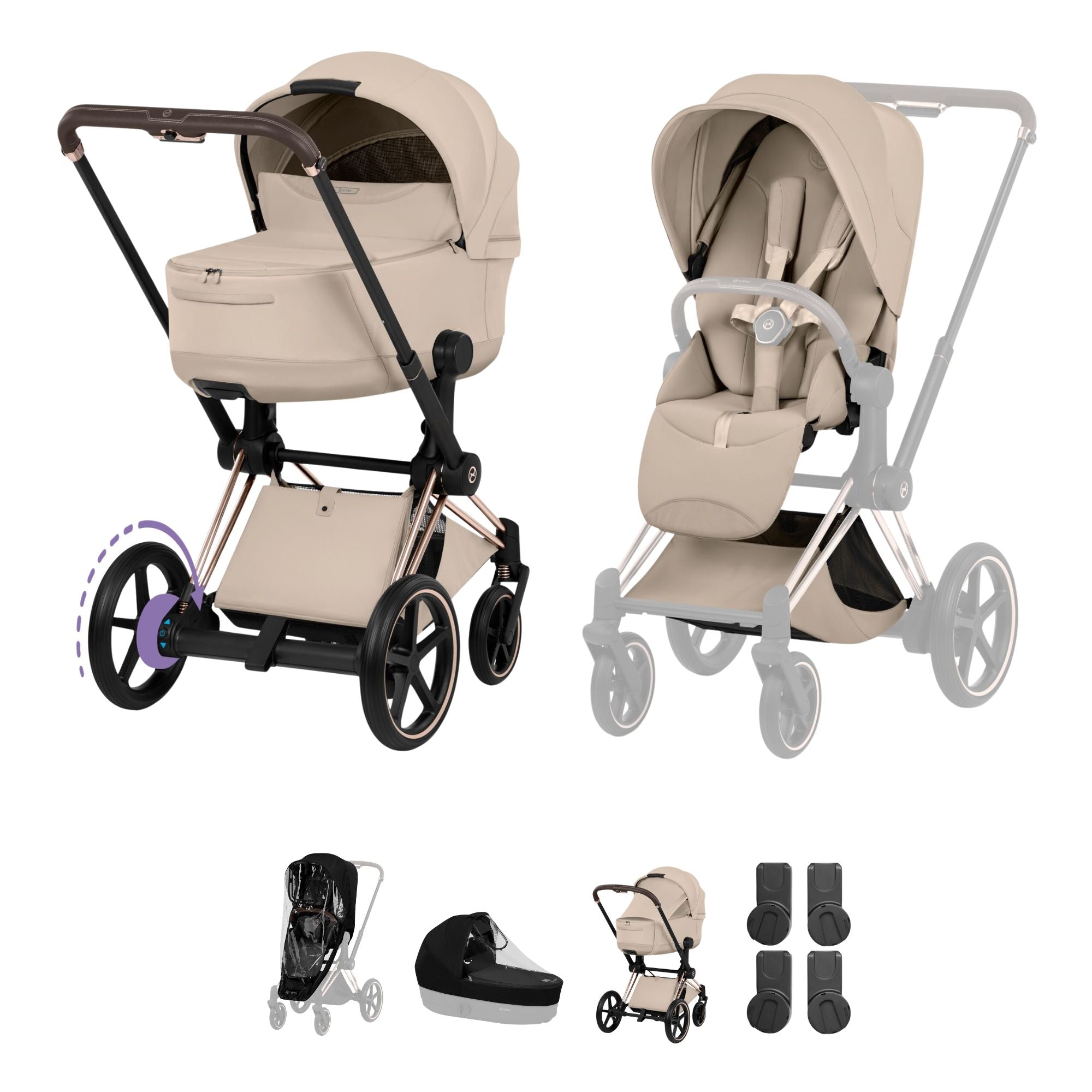 Cybex e-PRIAM Fold Cot Accessory Bundle - Style Cozy Beige & Rose Gold Frame
