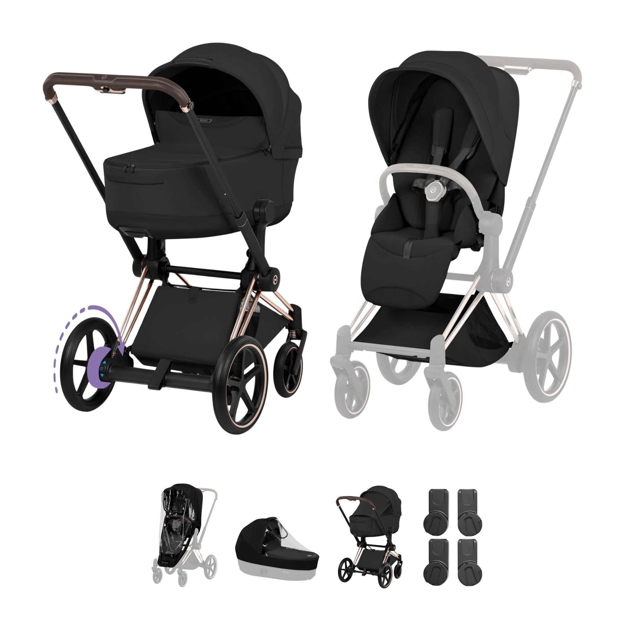 Cybex e-PRIAM Fold Cot Accessory Bundle - Style Sepia Black & Rose Gold Frame