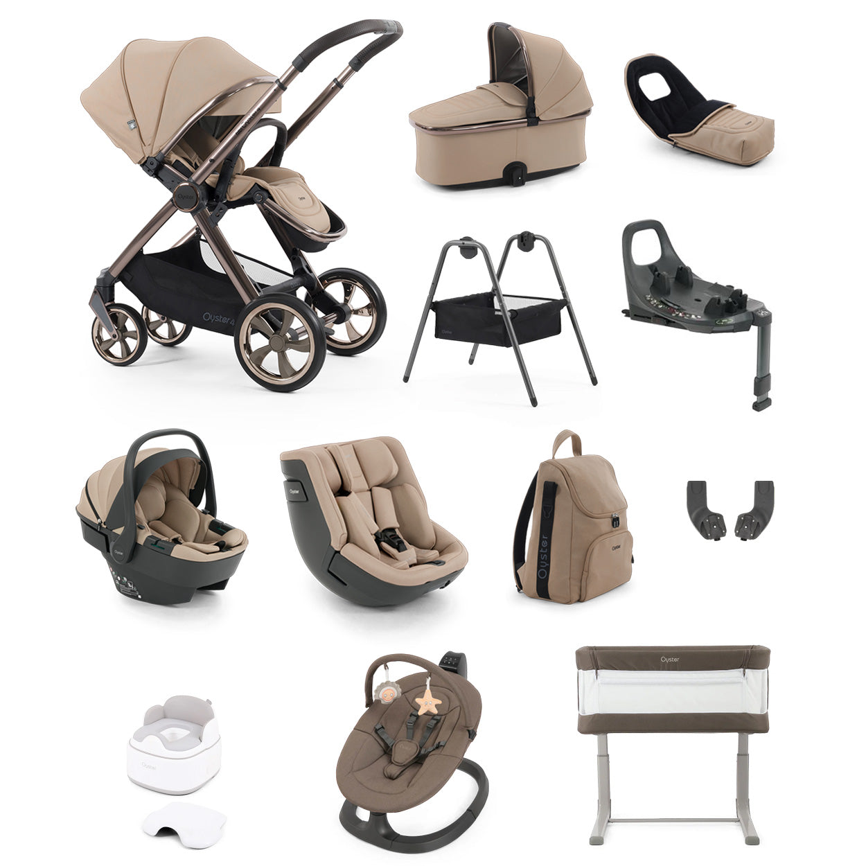 BabyStyle Oyster 4 Luxury 360 Car Seat & Nursery Essentials Bundle - Fawn