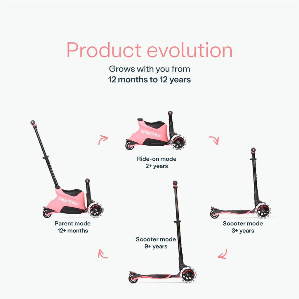 smarTrike Xtend Ride On Scooter Plus From 12 Months to 12 Years - Salmon Pink