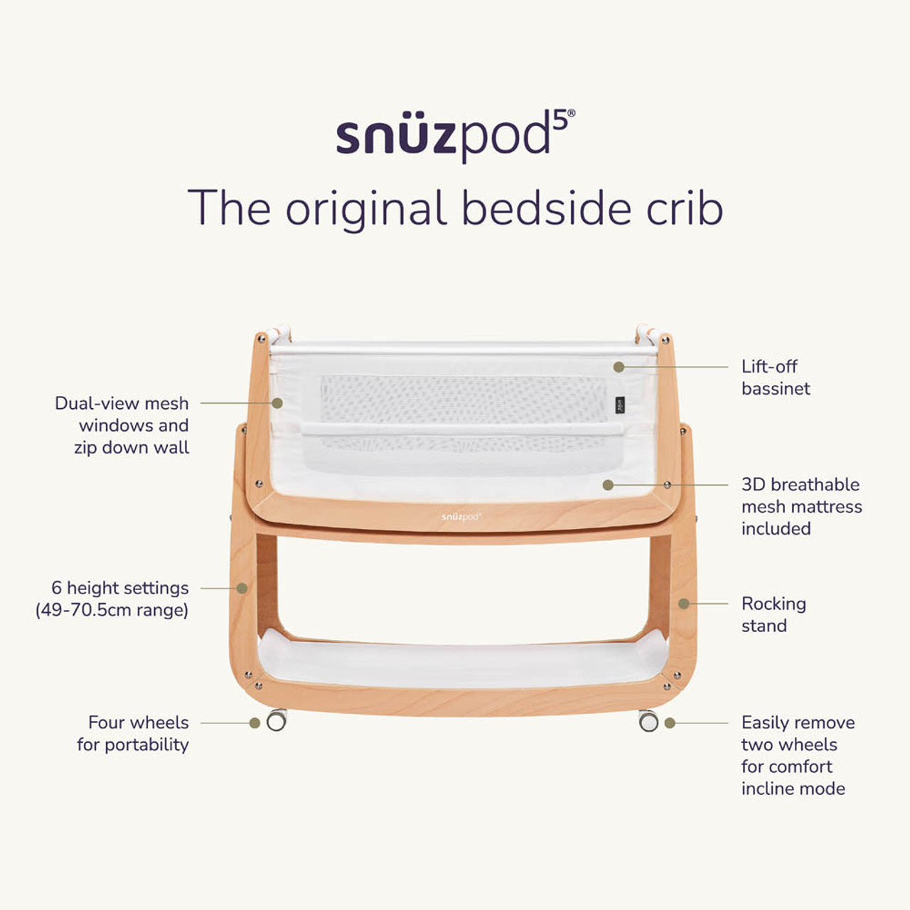 Snuzpod 5 Bedside Crib - Natural 3
