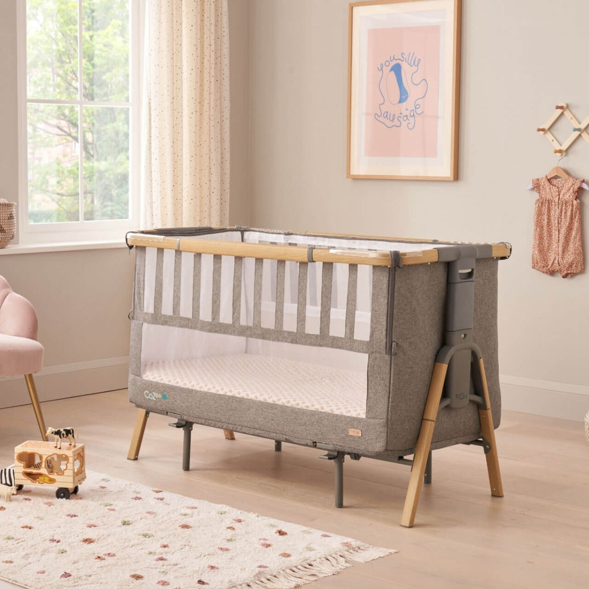 Tutti Bambini CoZee XL Bedside Crib and Cot - Oak/Charcoal 1